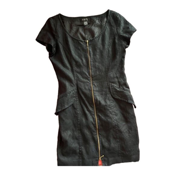 Finity Vtg 100% Linen black Full Front Zip Sheath Dress Office Business Size 14 - Picture 1 of 5